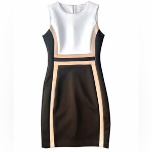 Calvin Klein Color Block Bodycon Dress White, Black, Tan Women's Size 4P EUC